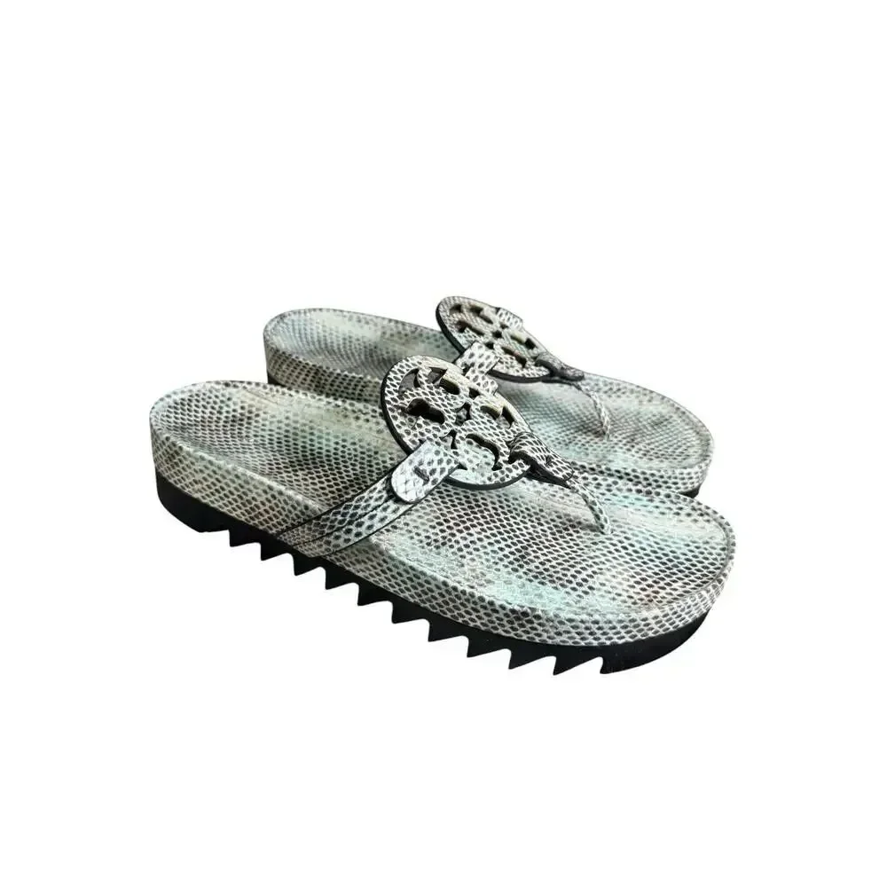 NEW Tory Burch Miller Cloud Lug Sandals Snake Print Leather Thong Slides US 9.5